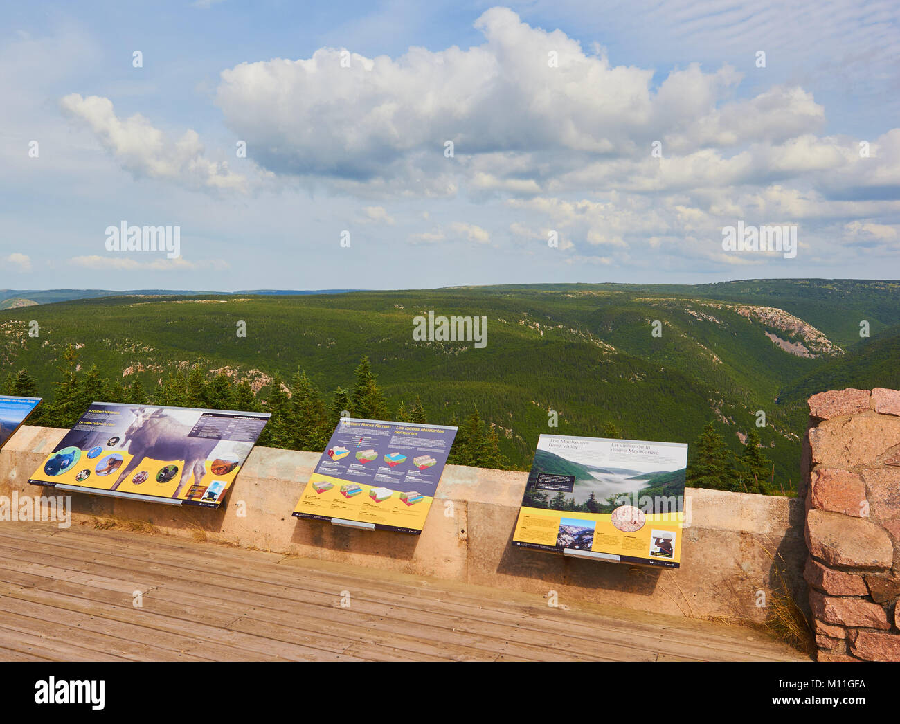 Viewing platform with information boards in the Cape Breton Highlands National Park, Cape Breton Island, Nova Scotia, Canada Stock Photo