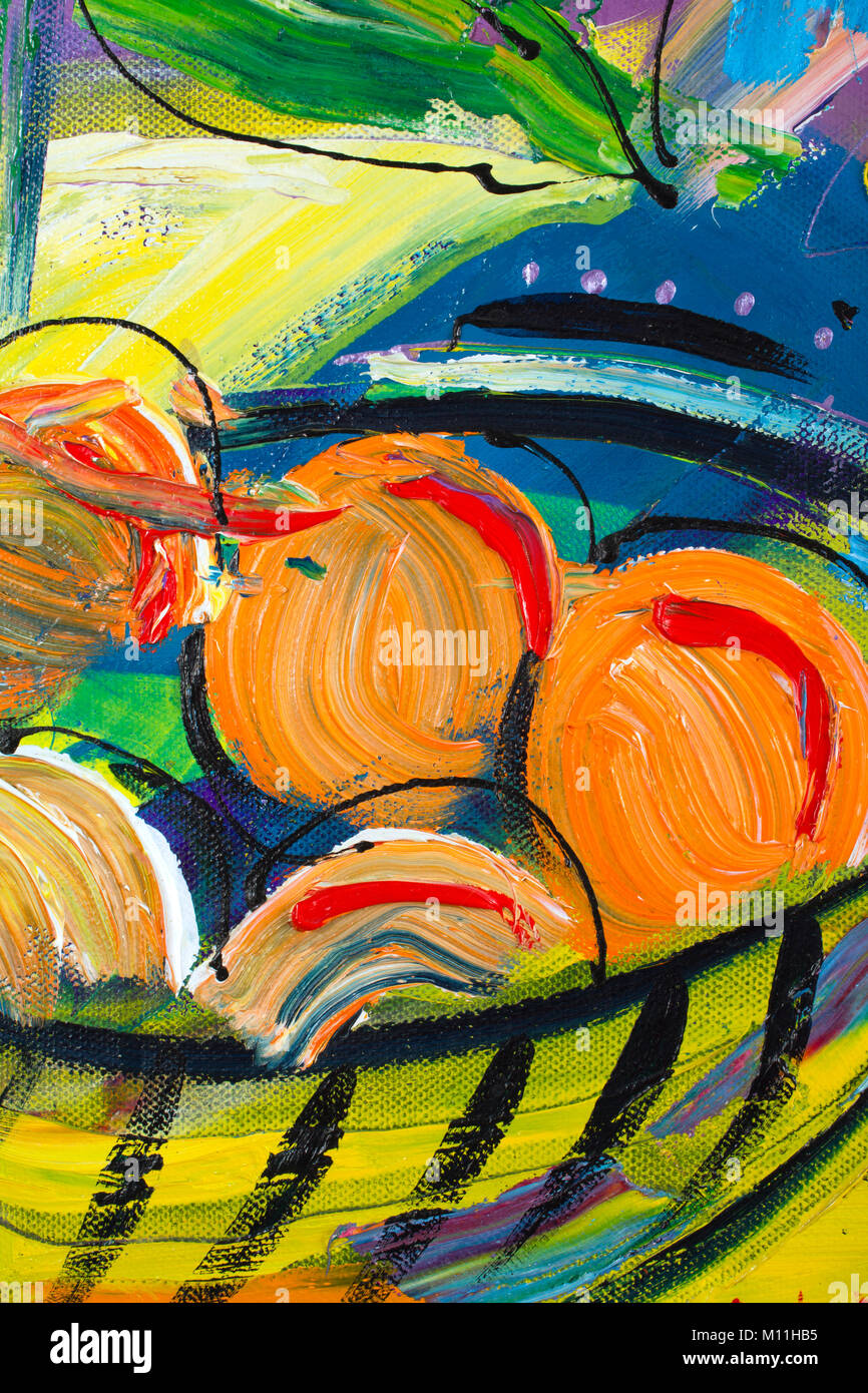 Vibrant multi-colored original oil painting semi-abstract close up detail showing brushwork and canvas textures - fruit bowl Stock Photo