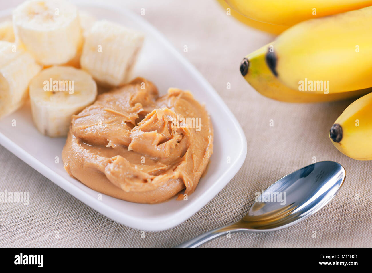Early Morning Healthy Banana Breakfast. Homemade peanut butter and