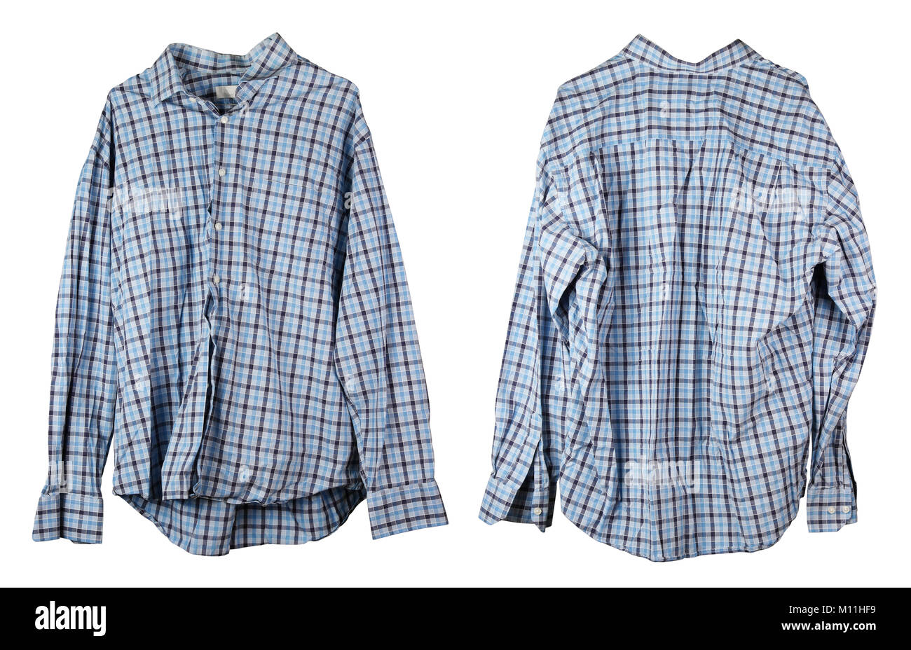A crumpled old checkered blue man's shirt hangs on a hanger. View from two sides. Isolated on white studio set Stock Photo