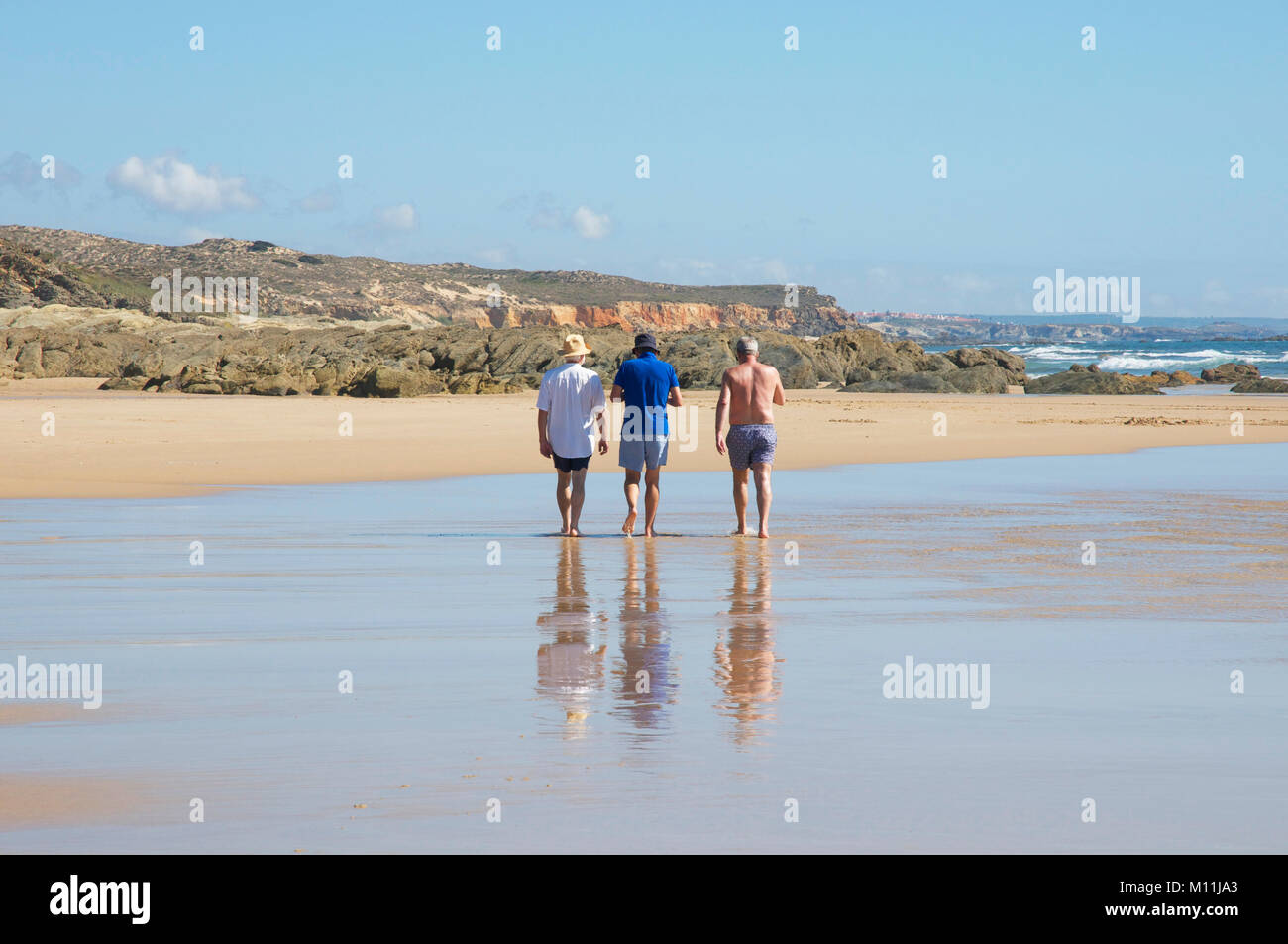 Backs of three men on beach Stock Photo