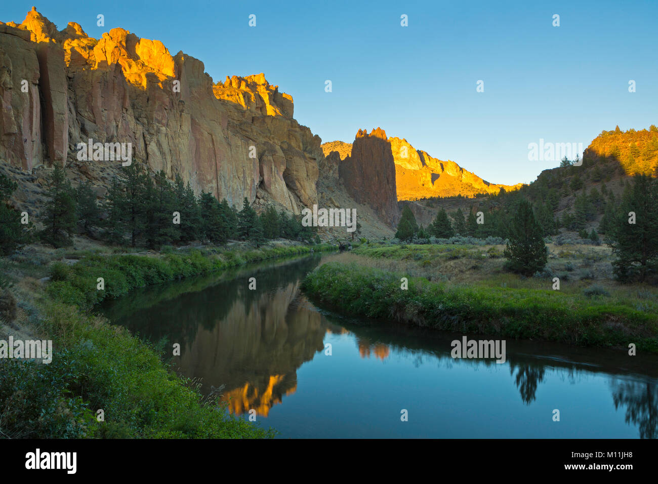 Reflections along the Crooked River in Smith Rock State Park in Oregon. Stock Photo