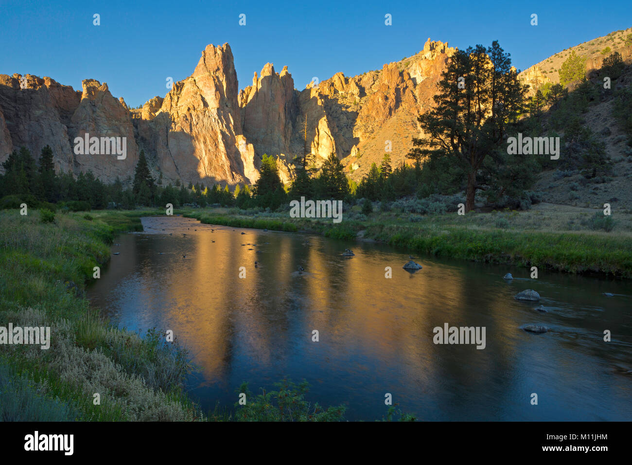 Reflections along the Crooked River in Smith Rock State Park in Oregon. Stock Photo