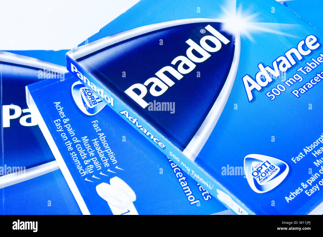 Photograph of Packets of Panadol Advance, a fast absorbing, paracetamol painkiller, United Kingdom Stock Photo