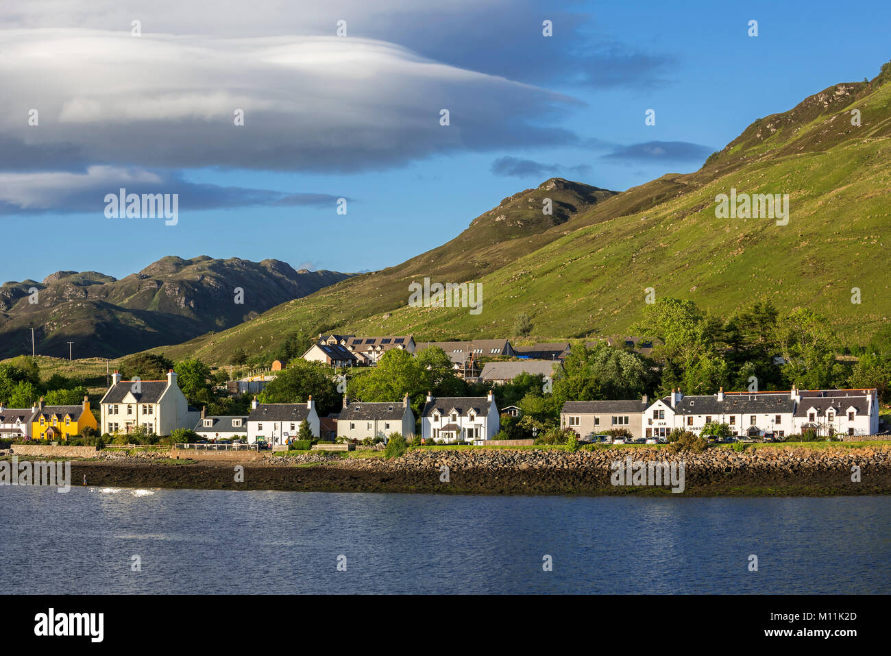 The village Dornie on the shore of Loch Duich, Ross and Cromarty, Western Highlands of Scotland, UK Stock Photo