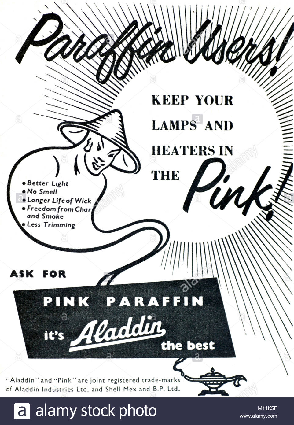 Aladdin pink Paraffin vintage advertising 1952 Stock Photo