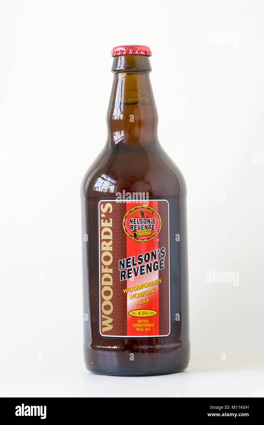 Brown bottle of real ale called NELSON'S REVENGE brewed by Woodforde's of Norfolk England UK Stock Photo