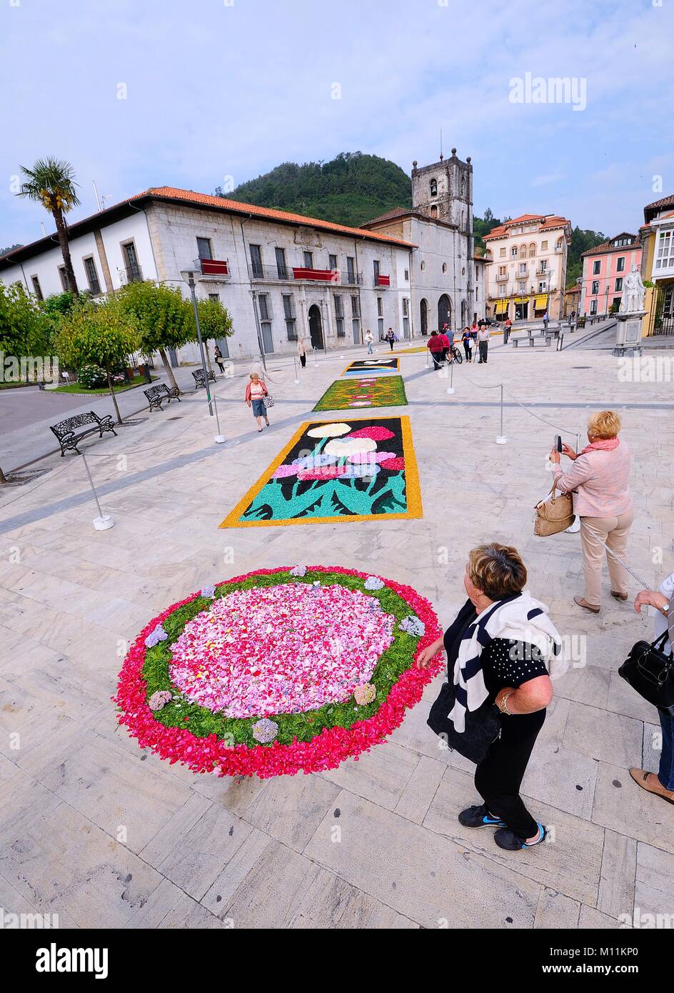 PRAVIA, SPAIN - JUNE 4: Carpets of flowers for the celebration of Corpus Christi  in June 4, 2015 in Pravia, Spain. During the past two months, fifty  Stock Photo