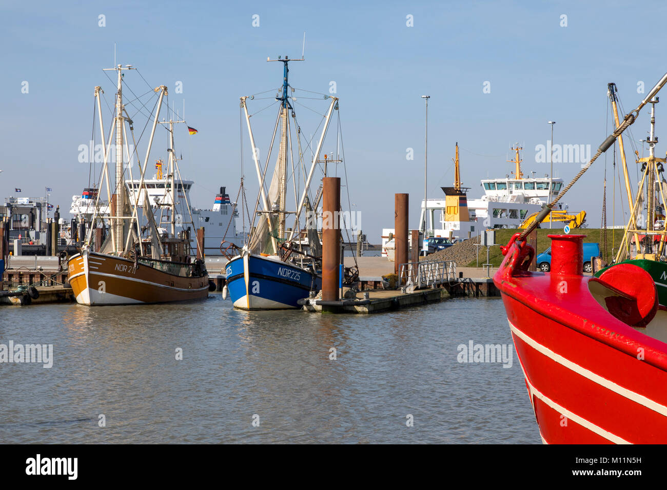 Coastal village Norddeich, East Frisia, Germany, shrimp boat in the harbor, fishing boats, Stock Photo