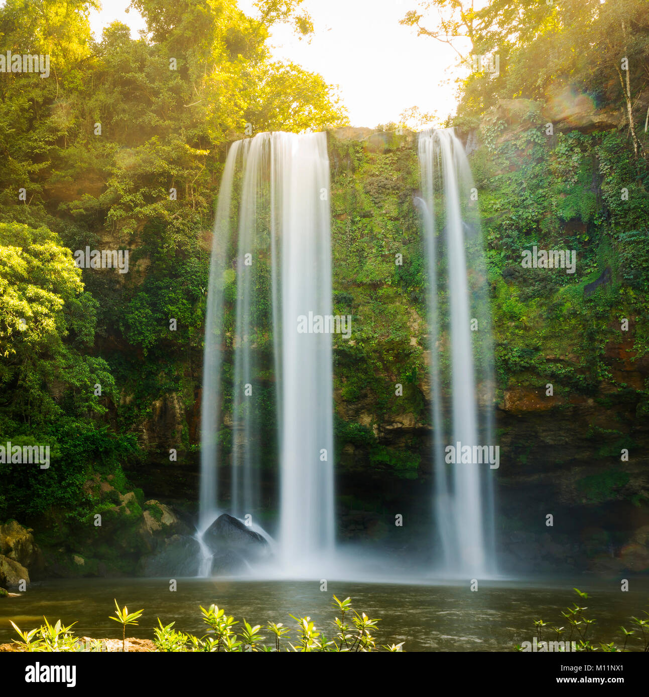 Misol Ha waterfall in early morning sunlight near Palenque in Chiapas, Mexico Stock Photo