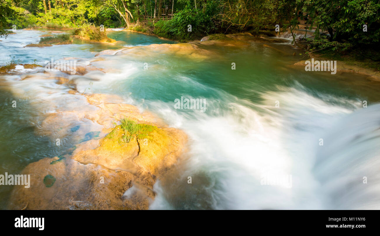 Cascade of blue water pools at Agua Azul waterfall near Palenque in Chiapas, Mexico Stock Photo