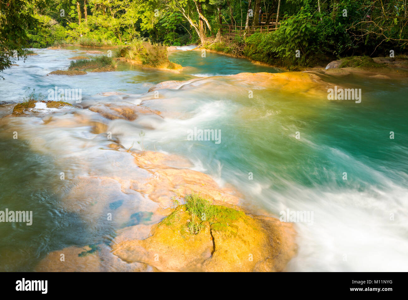 The cascade of blue water pools at Agua Azul waterfall near Palenque in Chiapas, Mexico Stock Photo