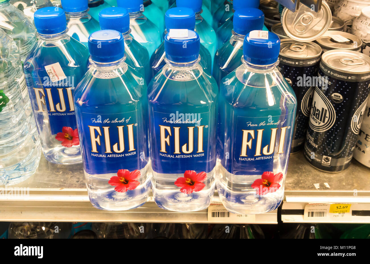 Fiji water on a supermarket shelf in New York City Stock Photo