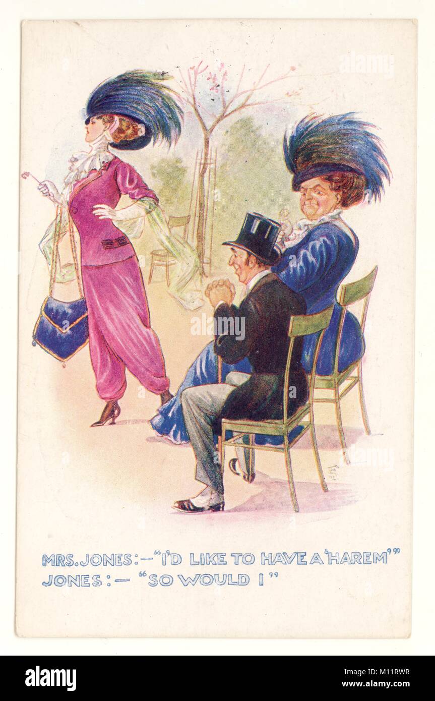 Comic postcard of early 19C liberated modern woman wearing harem pants, considered scandalous by many in society at the time,Suffragette theme, posted Dec. 1911, U.K. Stock Photo