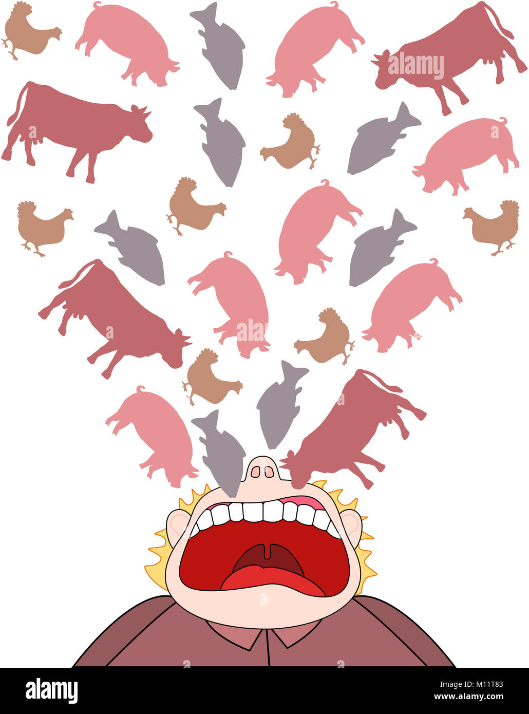 Meat consumption - symbolic comic illustration of a man who eats beef, pork, chicken and fish - unhealthy diet instead of vegetarian or vegan food. Stock Photo