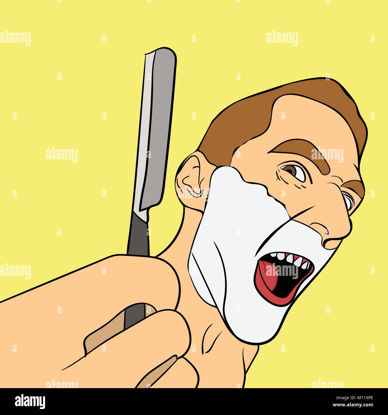 Man is holding a straight razor. Mad man. On the face of shaving cream. Vector art in the style of pop art Stock Vector