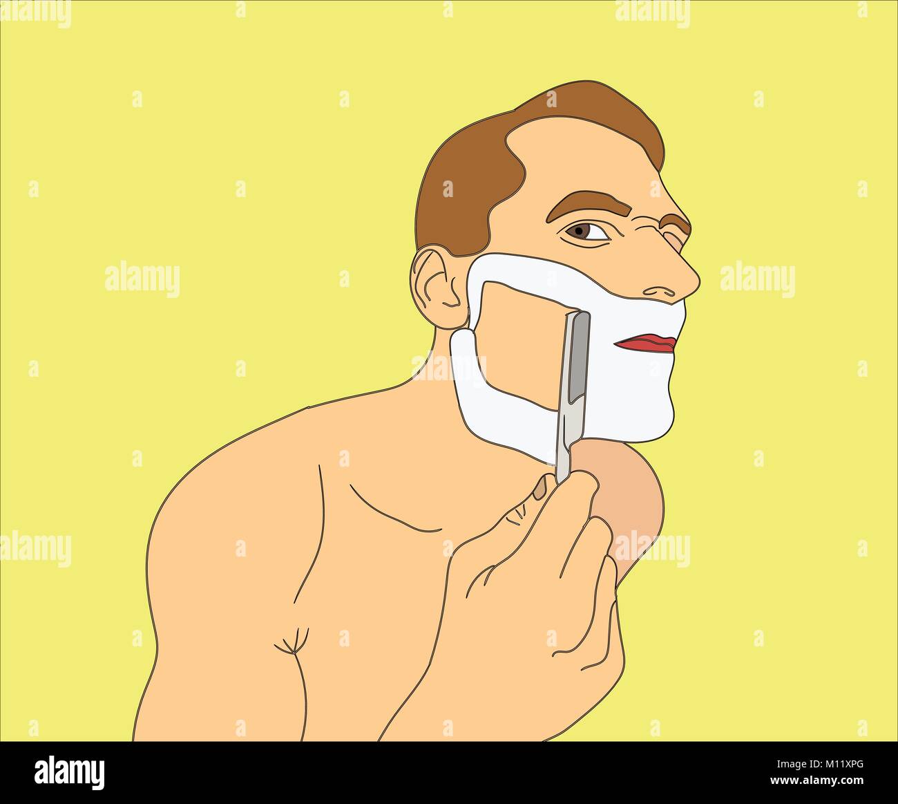 Man shaving razor. Unhappy man shaved half of his face. Vector art in the style of pop art Stock Vector