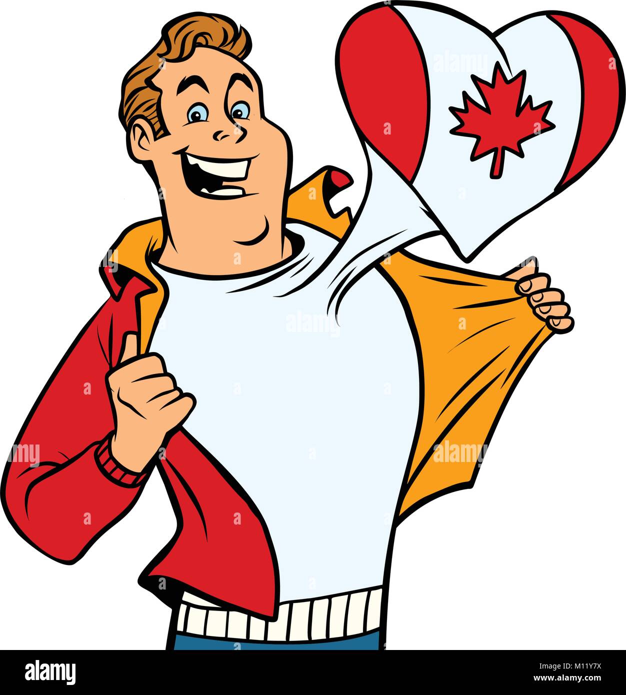 Canada patriot male sports fan flag heart. isolated on white background. Comic book cartoon pop art retro illustration Stock Vector