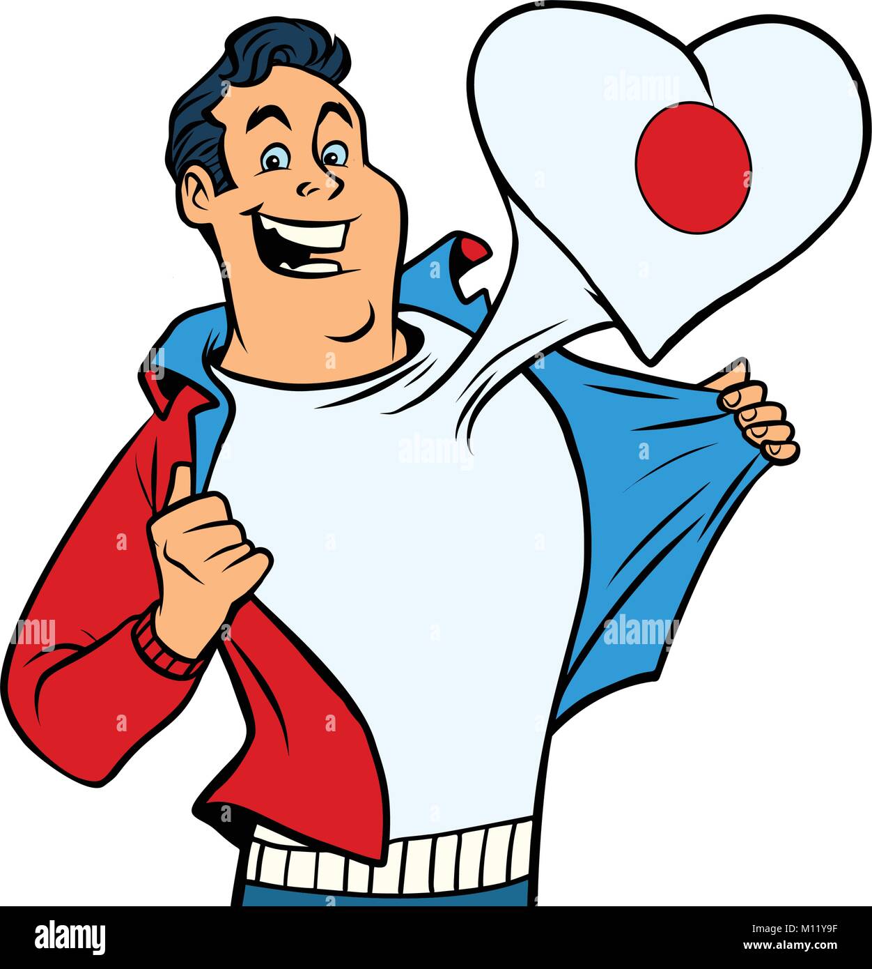 Japan patriot male sports fan flag heart. isolated on white background. Comic book cartoon pop art retro illustration Stock Vector