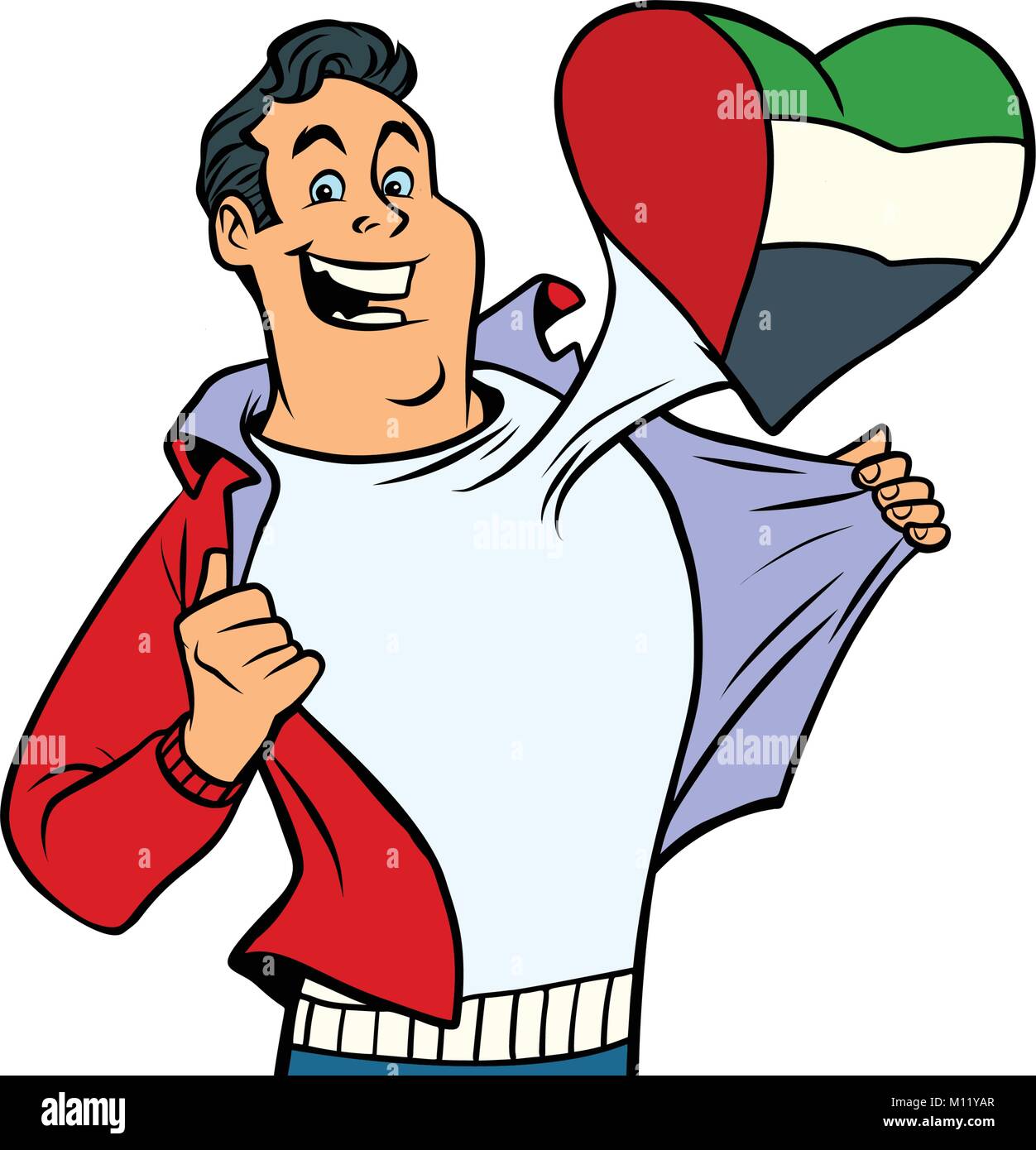 UAE patriot male sports fan flag heart. isolated on white background. Comic book cartoon pop art retro illustration Stock Vector