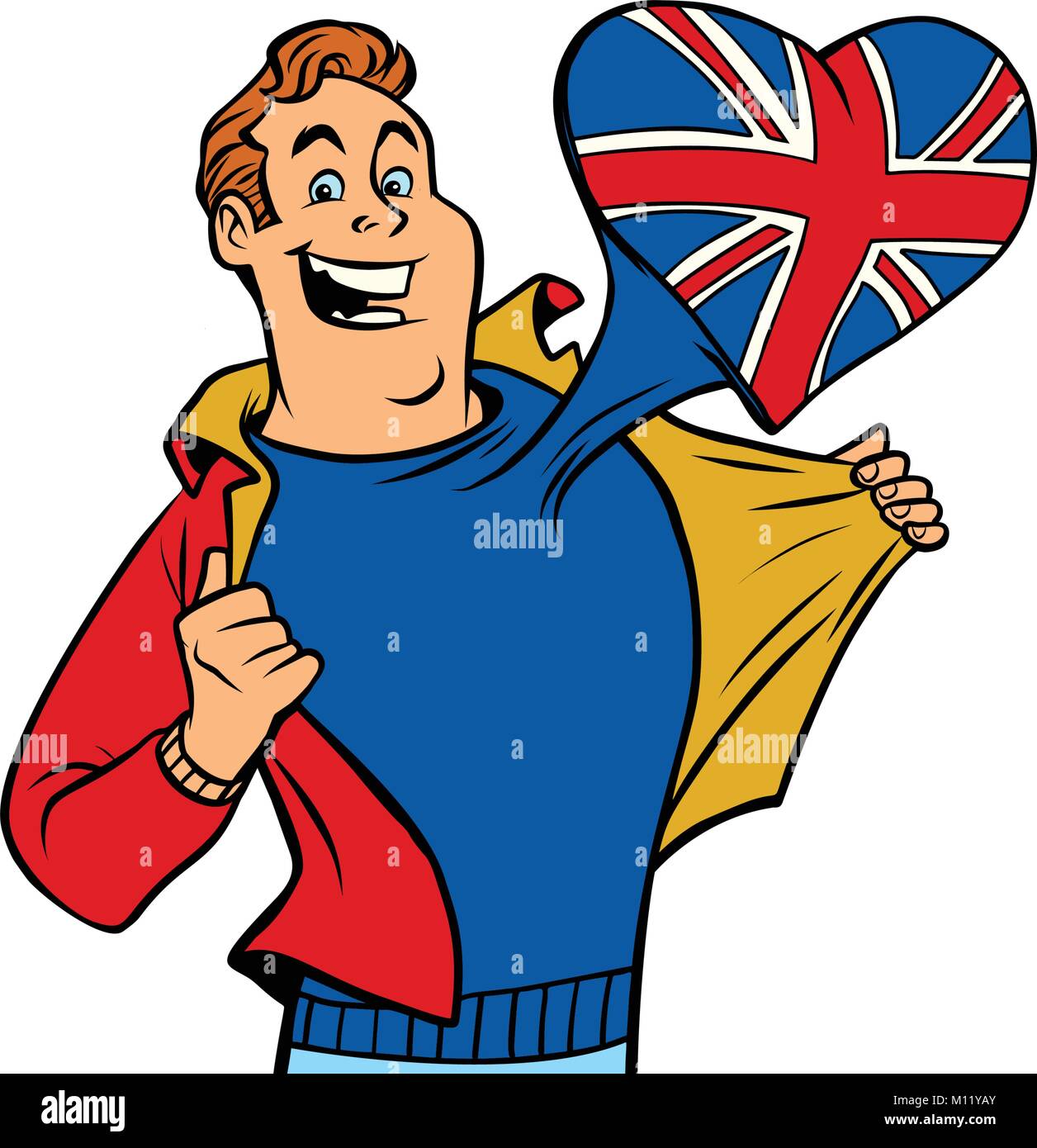 UK patriot man isolated on white background. Comic cartoon style pop art illustration vector retro Stock Vector