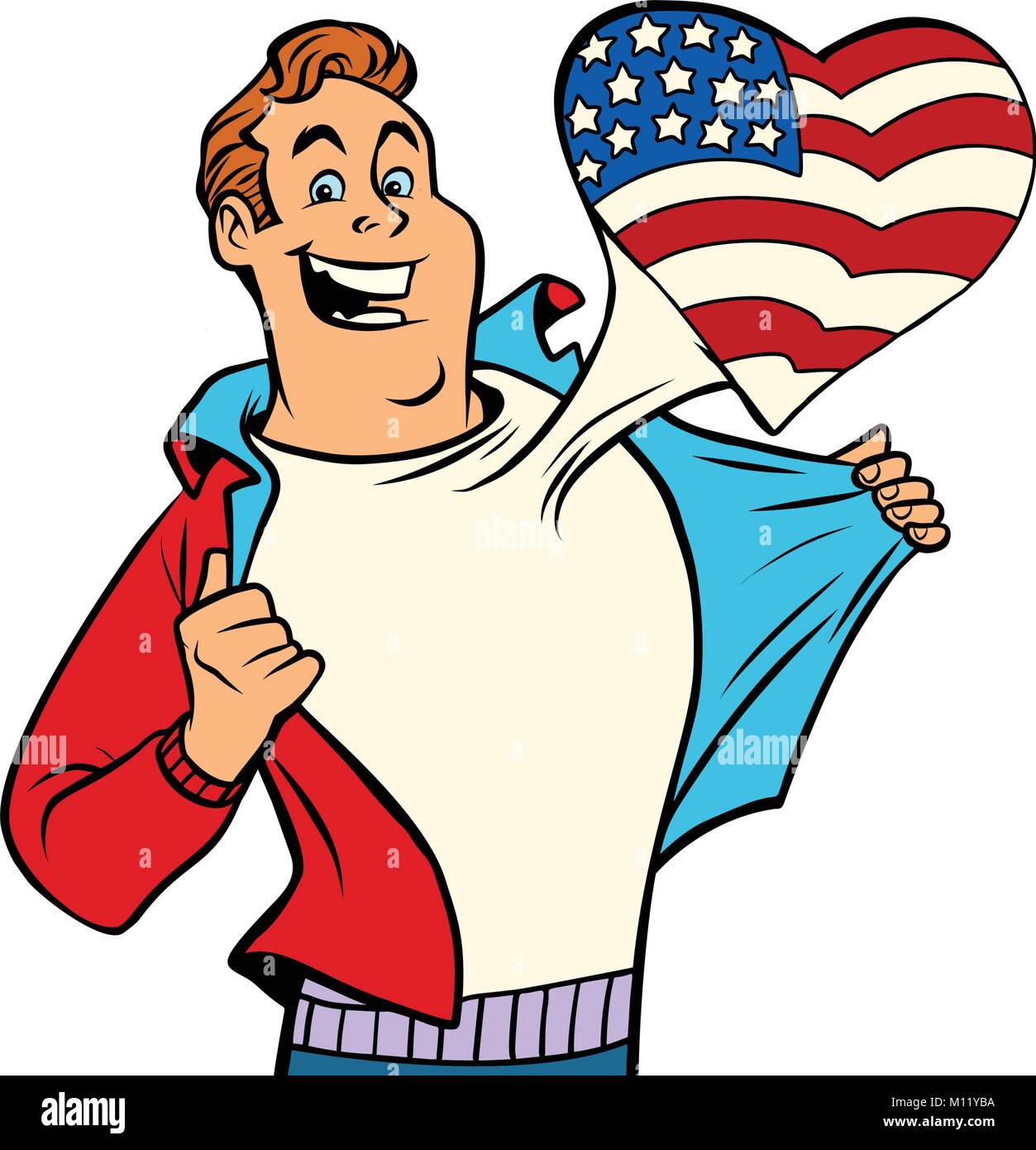 USA patriot man isolated on white background. Comic cartoon style pop art illustration vector retro Stock Vector