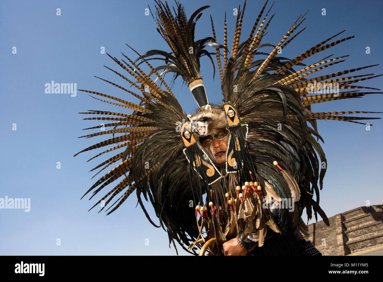Mexico. Teotihuacan. Oldest Pre-hispanic Indian ruins. Vernal equinox. Beginning of spring. 21 March. Indian dressed for ceremony. Stock Photo