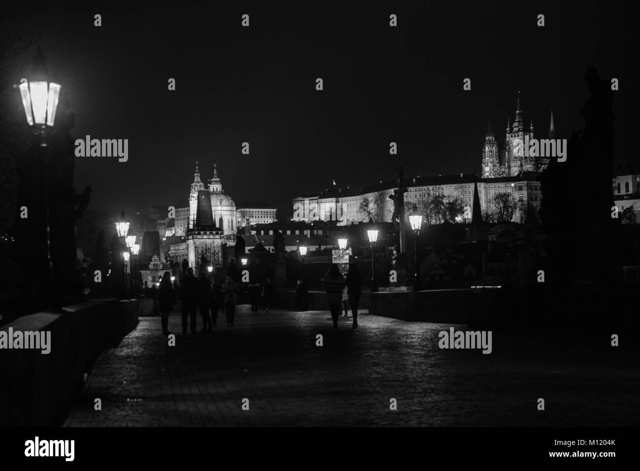 Charles Bridge at night, Prague, Czech Republic, January 2018 Stock Photo