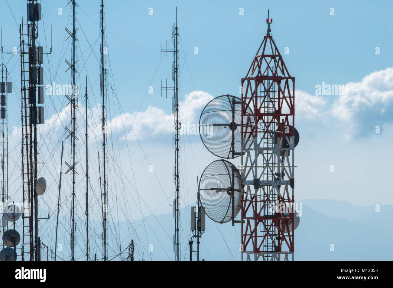 antennas on Mount Pantokrator, Corfu Stock Photo