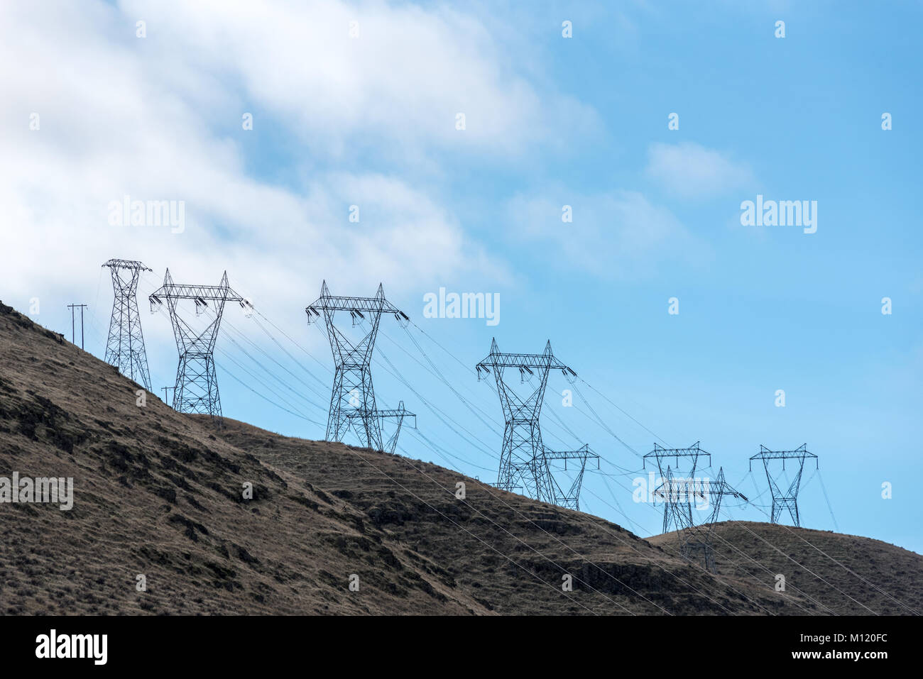 High voltage transmission lines on a ridge above the Columbia River