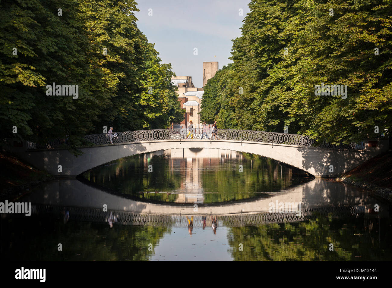 Germany, Cologne, bridge across the Clarenbach canal in the district Lindenthal, church Christi Auferstehung by architect Gottfried Boehm.  Deutschlan Stock Photo