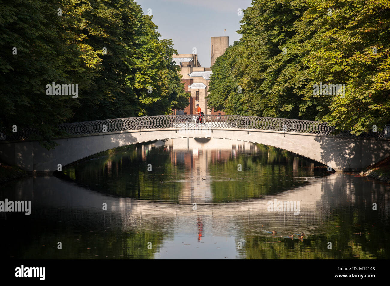 Germany, Cologne, bridge across the Clarenbach canal in the district Lindenthal, church Christi Auferstehung by architect Gottfried Boehm.  Deutschlan Stock Photo