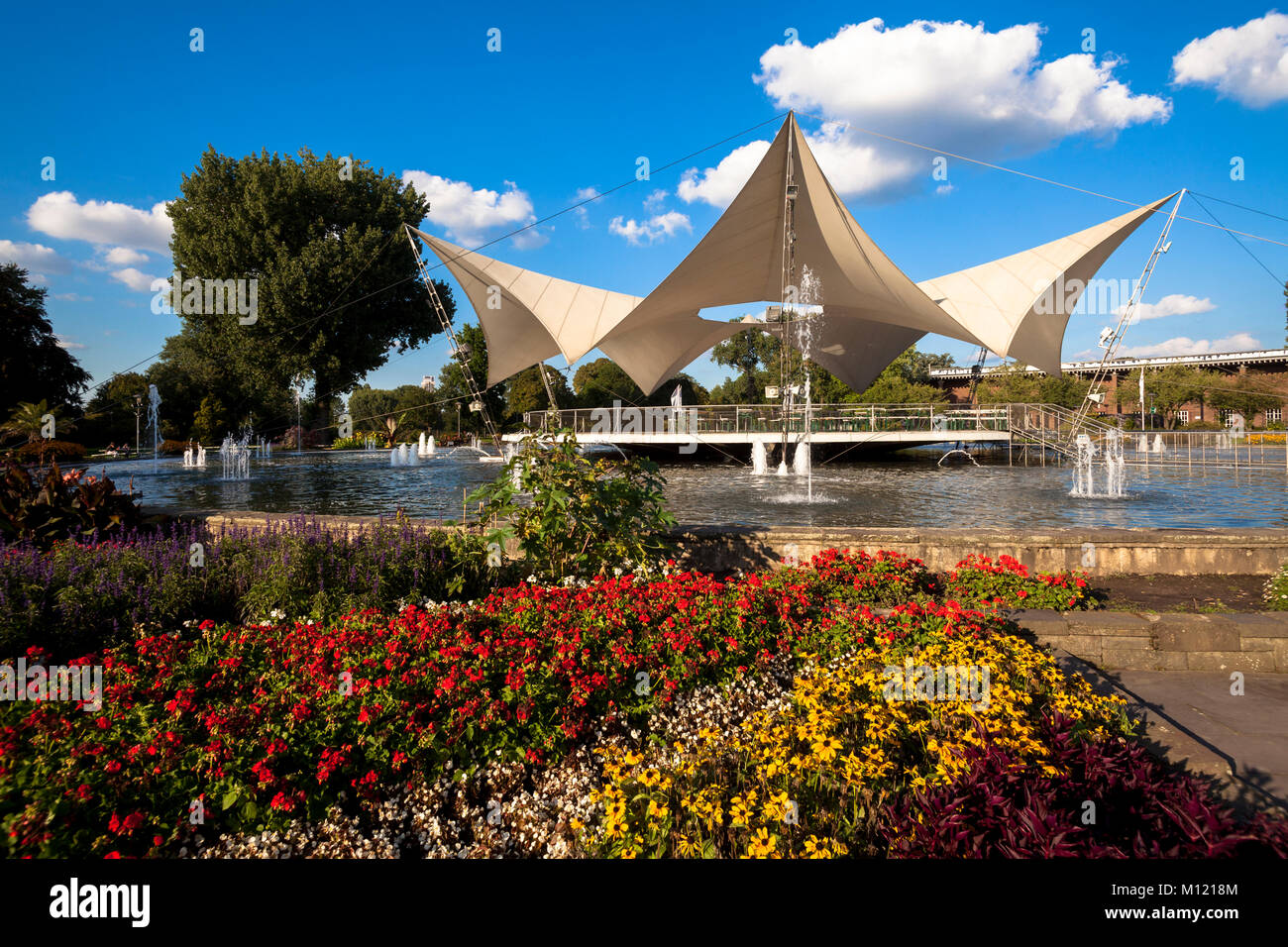 Germany, Cologne, the Tanzbrunnen in the district Deutz.  Deutschland, Koeln, das Sternwellenzelt von Frei Otto am Tanzbrunnen im Stadtteil Deutz. Stock Photo