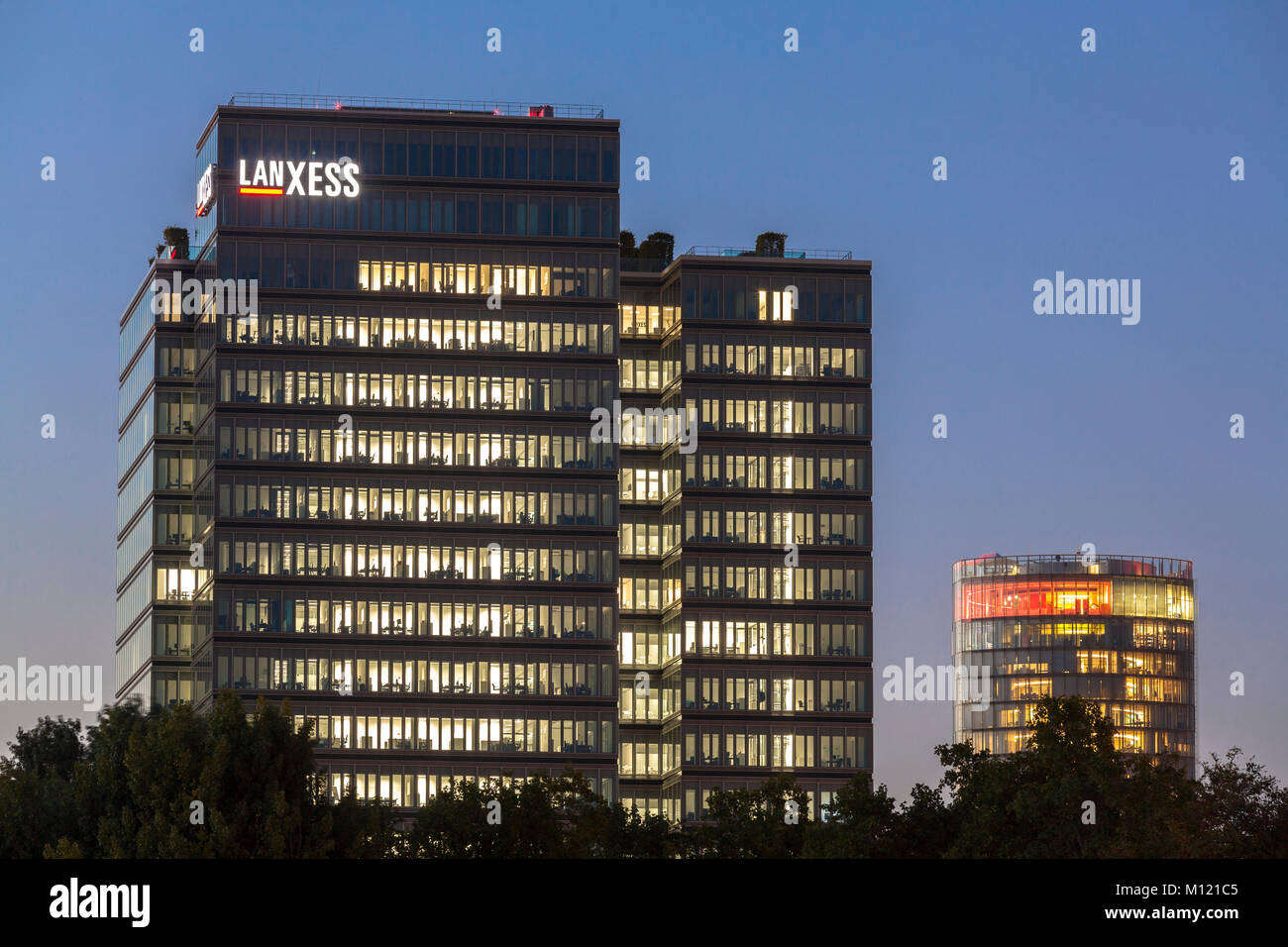 Germany, Cologne, the Lanxess Tower and KoenTriangle tower in the district Deutz.  Deutschland, Koeln, die Hochhaeuser Lanxess Tower und KoelnTriangle Stock Photo