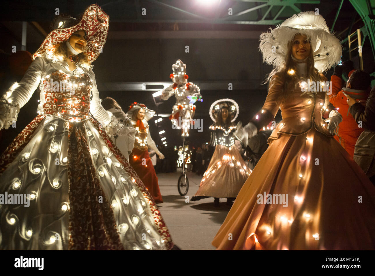 Germany, Cologne, the Christmas parade Vagalume at the Rheinau harbor, fairy, Christmas angel, gnomes and other fantasy creatures in illuminated costu Stock Photo