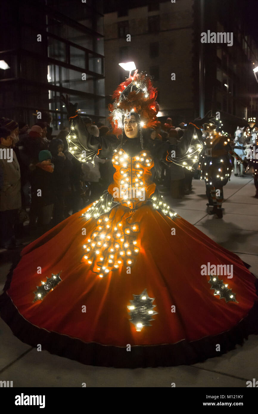 Germany, Cologne, the Christmas parade Vagalume at the Rheinau harbor, fairy, Christmas angel, gnomes and other fantasy creatures in illuminated costu Stock Photo