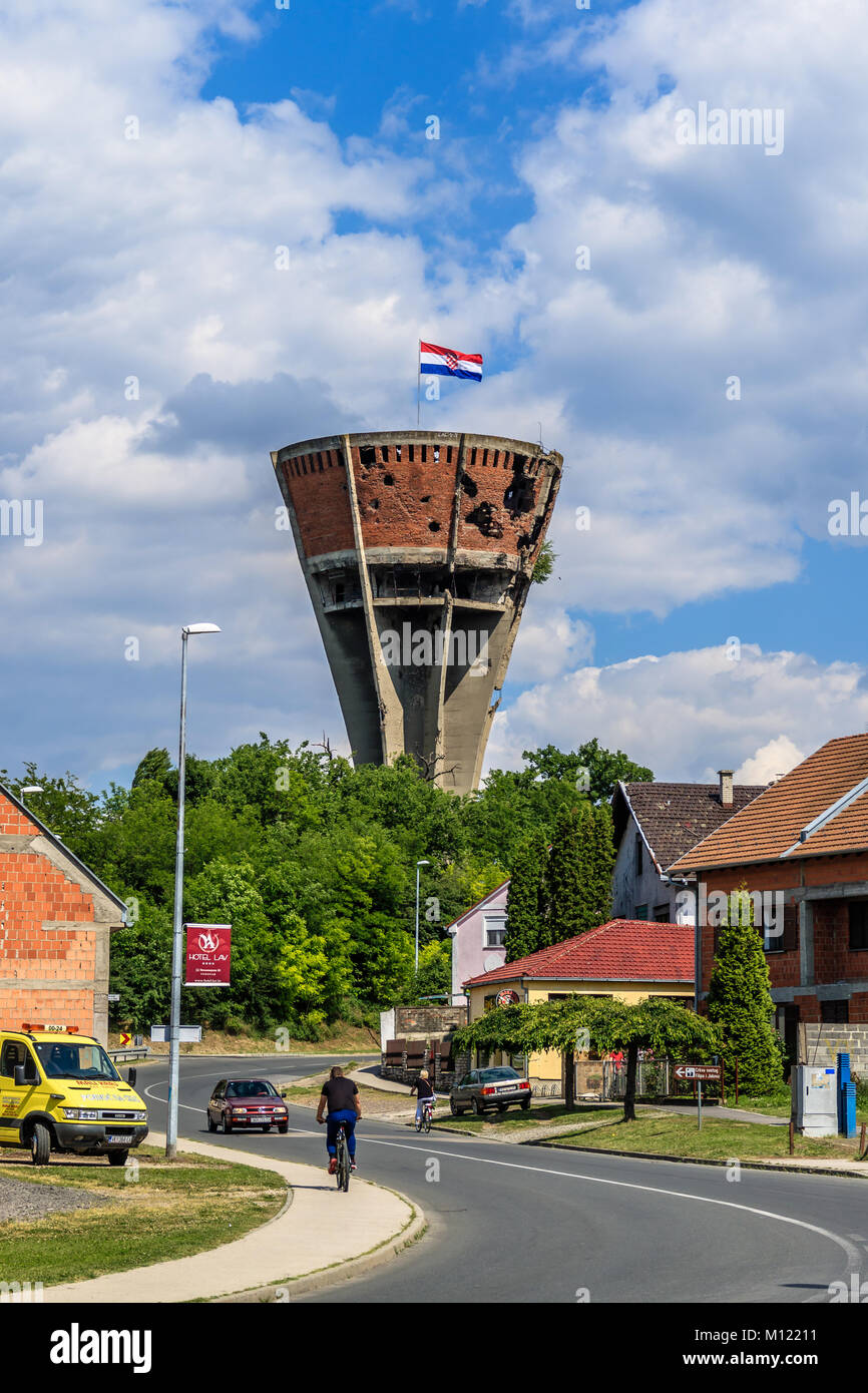 Vukovar water tower, the most famous symbol of Vukovar & lasting memorial to the Battle of Vukovar & Croatian War of Independence, Vukovar, Croatia. Stock Photo