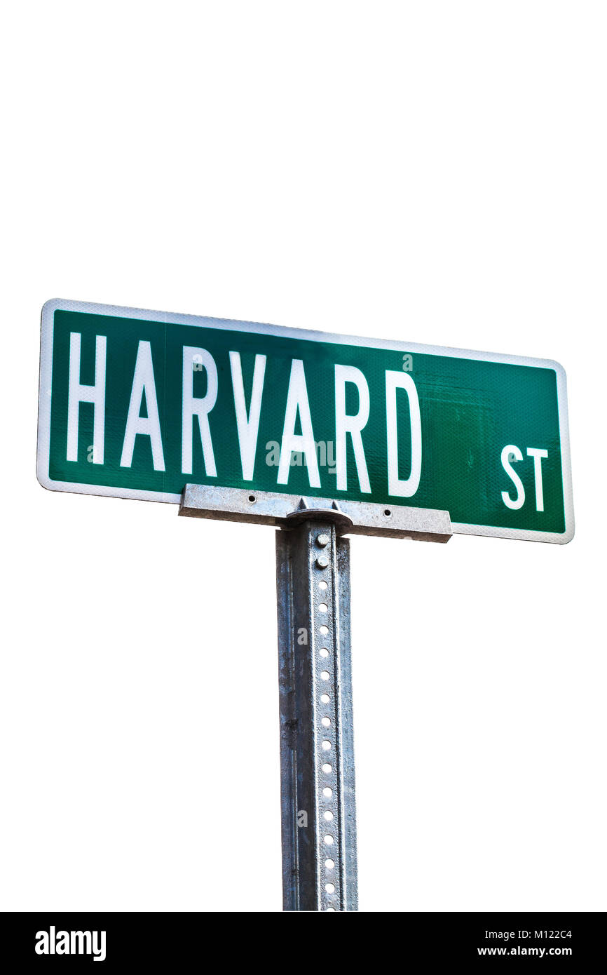 Harvard Street sign post in Cambridge, Massachusetts. Green metal sign with white lettering isolated against white background. Copy space Stock Photo
