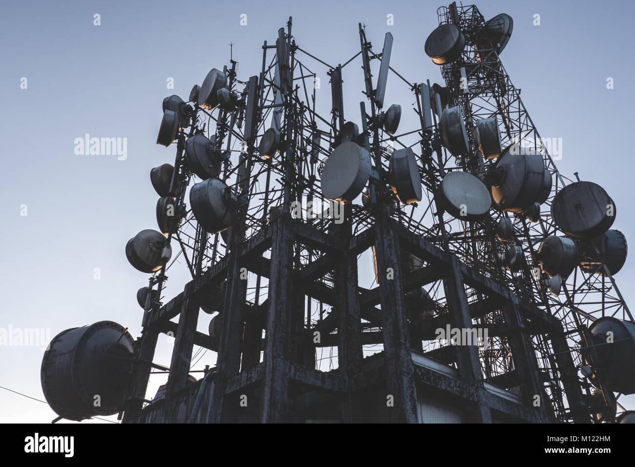 Aerial Tower covered in Satellites, Tiger Hill, Darjeerling, India Stock Photo