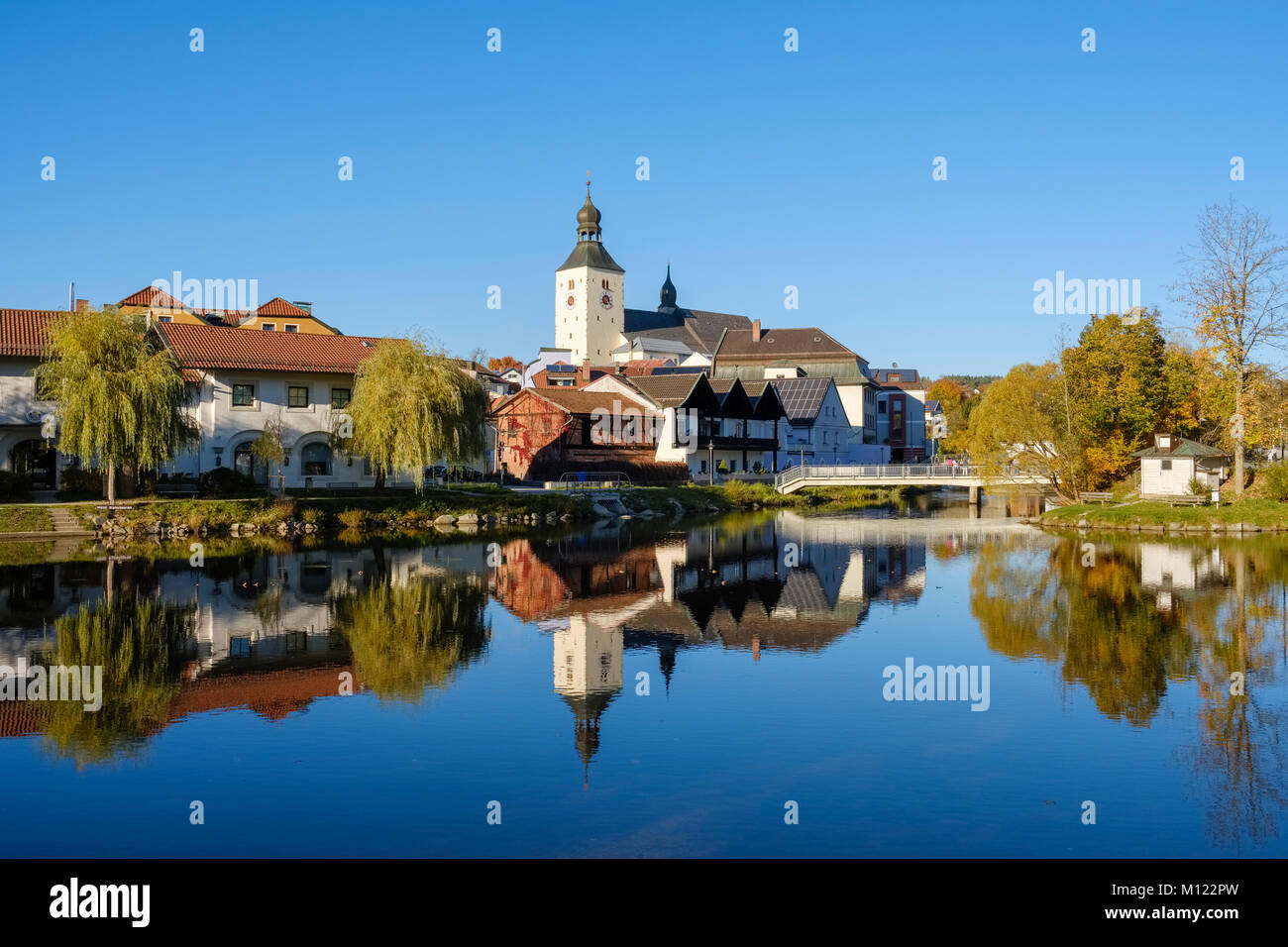 River Regen,Church of St. Michael in Regen,Bavarian Forest,Lower Bavaria,Bavaria,Germany Stock Photo