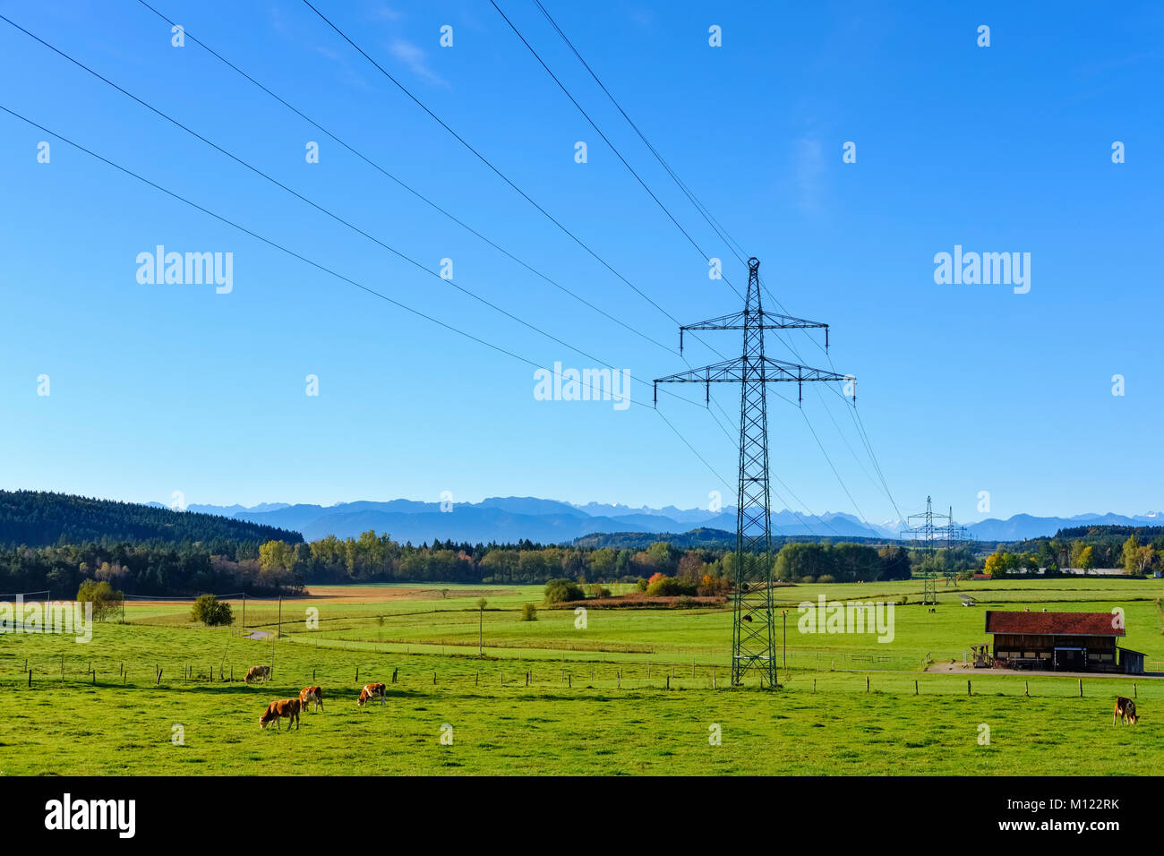 High-voltage line near Egling,Alpine foothills,Upper Bavaria,Bavaria,Germany Stock Photo