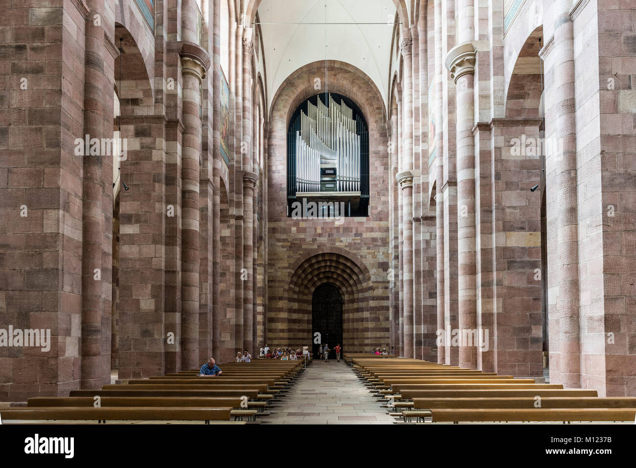 Interior view of central nave with organ,Speyer Cathedral,Kaiserdom,Speyer,Rhineland-Palatinate,Germany Stock Photo