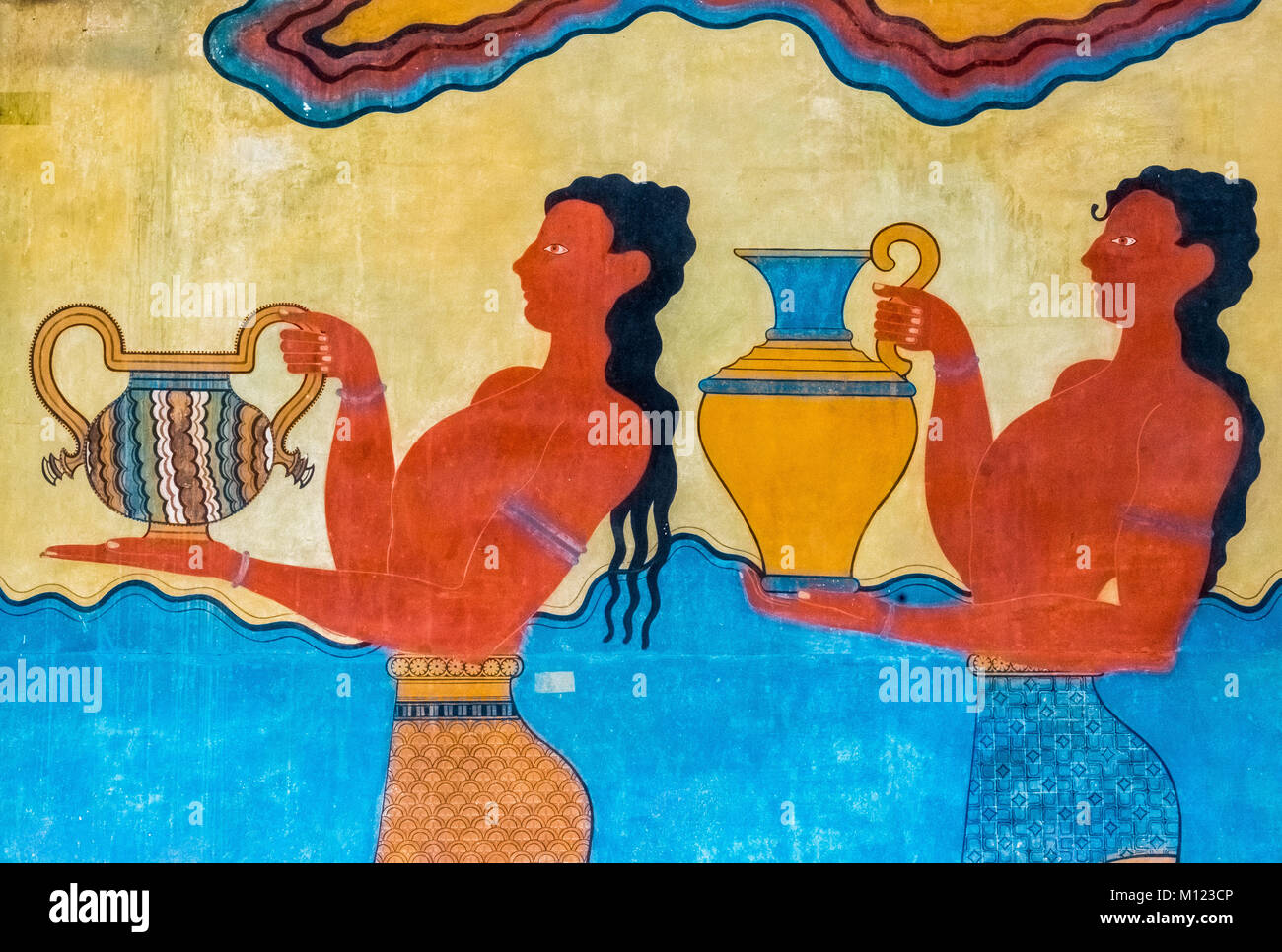 Procession,frescoes,reconstruction of Arthur Evans,Southern Propylaeum of Knossos,Minoan excavation site,parts of the Stock Photo