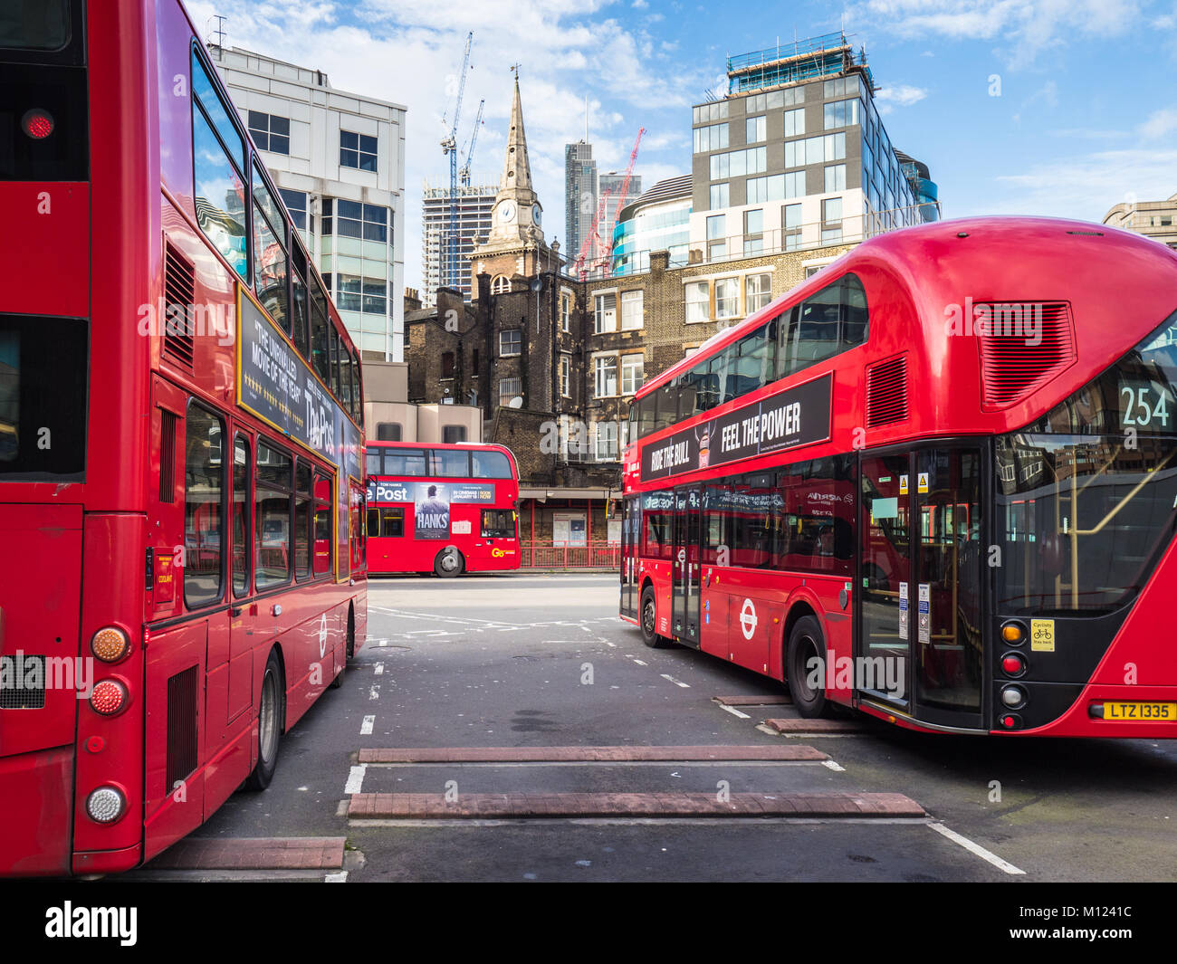 London Bus Depot Aldgate Bus Station in the City of London Financial District, UK, owned and maintained by Transport for London TfL Stock Photo