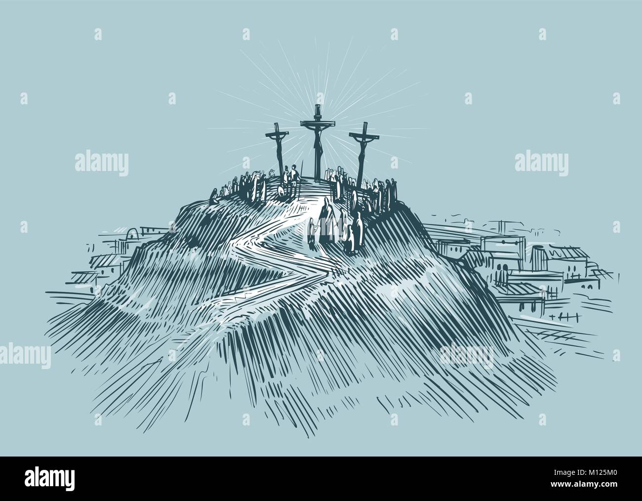 Jesus on cross. Mount Golgotha. Art sketch vector illustration Stock Vector
