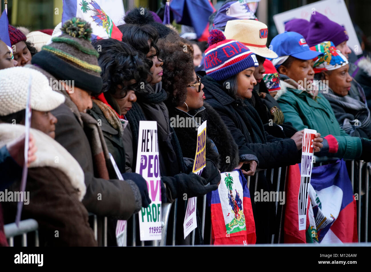 Protestors gather in a rally against racism in opposition to President Trump’s disparaging comments about Haiti and African nations.New York City.USA Stock Photo