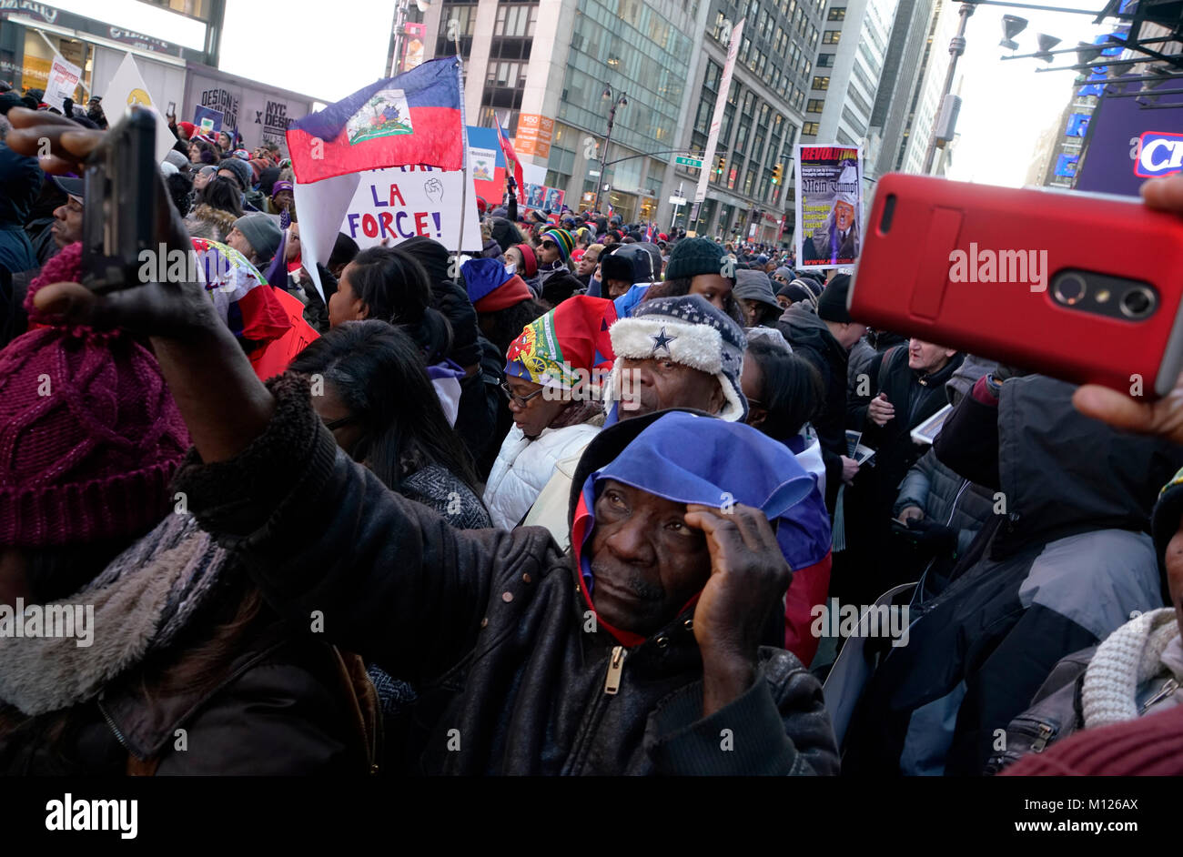 Protestors gather in a rally against racism in opposition to President Trump’s disparaging comments about Haiti and African nations.New York City.USA Stock Photo