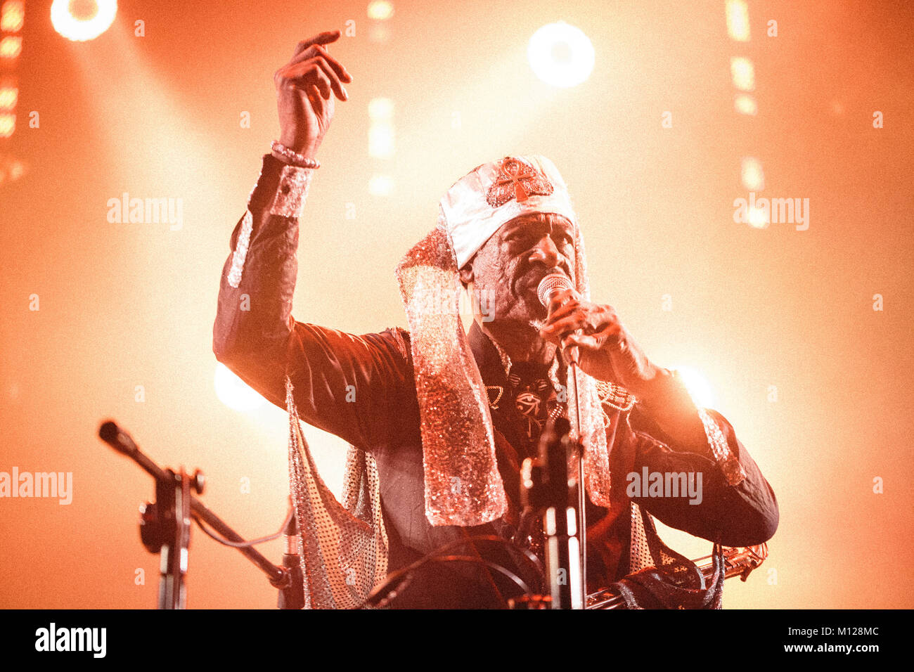 The American avant-garde jazz group Sun Ra Arkestra performs a live concert at the Polish music festival Off Festival 2015 in Katowice. Here musician Knoel Scott is pictured live on stage. Poland, 08/08 2015. Stock Photo