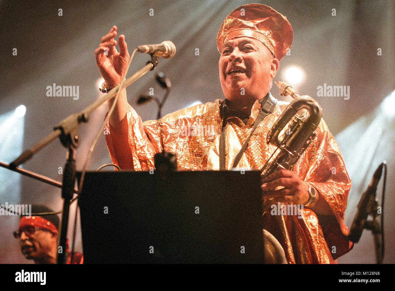 The American avant-garde jazz group Sun Ra Arkestra performs a live concert at the Polish music festival Off Festival 2015 in Katowice. Here musician Danny Ray is pictured live on stage. Poland, 08/08 2015. Stock Photo