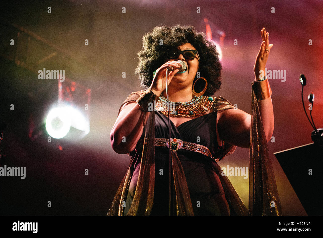 The American avant-garde jazz group Sun Ra Arkestra performs a live concert at the Polish music festival Off Festival 2015 in Katowice. Here vocalist Tara Middleton is pictured live on stage. Poland, 08/08 2015. Stock Photo